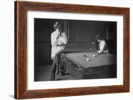 Woman Playing Billiards Photograph-Lantern Press-Framed Premium Giclee Print