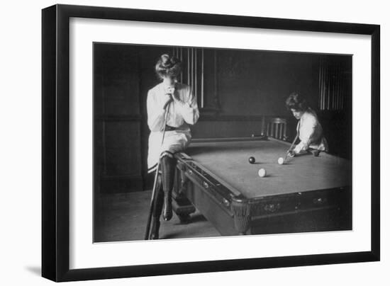 Woman Playing Billiards Photograph-Lantern Press-Framed Premium Giclee Print