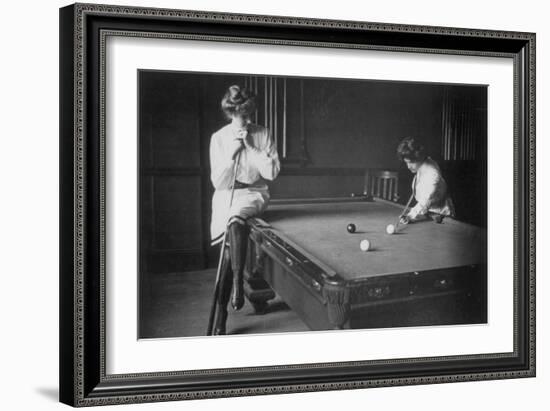 Woman Playing Billiards Photograph-Lantern Press-Framed Premium Giclee Print