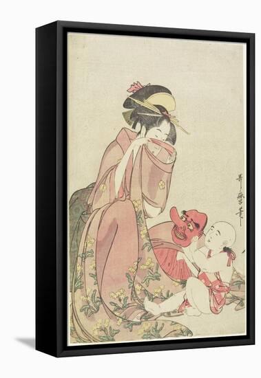 Woman Playing with a Child with a Tengu Mask, 1795-1802-Kitagawa Utamaro-Framed Premier Image Canvas
