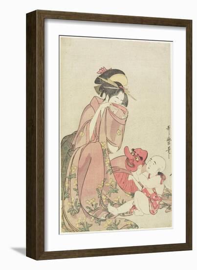 Woman Playing with a Child with a Tengu Mask, 1795-1802-Kitagawa Utamaro-Framed Giclee Print