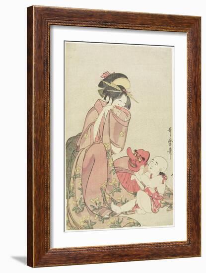 Woman Playing with a Child with a Tengu Mask, 1795-1802-Kitagawa Utamaro-Framed Giclee Print