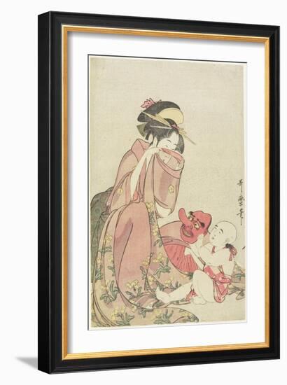 Woman Playing with a Child with a Tengu Mask, 1795-1802-Kitagawa Utamaro-Framed Giclee Print