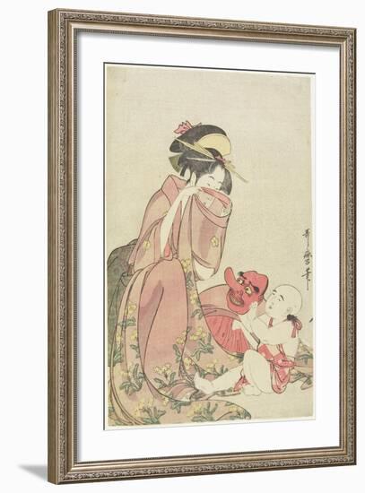 Woman Playing with a Child with a Tengu Mask, 1795-1802-Kitagawa Utamaro-Framed Giclee Print