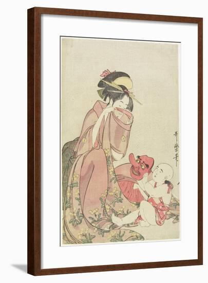 Woman Playing with a Child with a Tengu Mask, 1795-1802-Kitagawa Utamaro-Framed Giclee Print