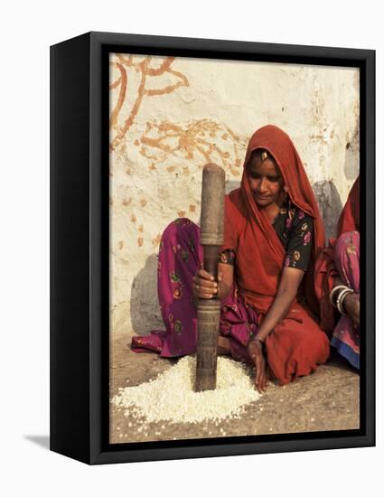 Woman Pounding Food in Village Near Deogarh, Rajasthan State, India-Robert Harding-Framed Premier Image Canvas