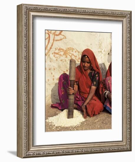 Woman Pounding Food in Village Near Deogarh, Rajasthan State, India-Robert Harding-Framed Photographic Print