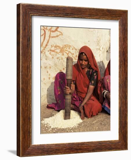 Woman Pounding Food in Village Near Deogarh, Rajasthan State, India-Robert Harding-Framed Photographic Print