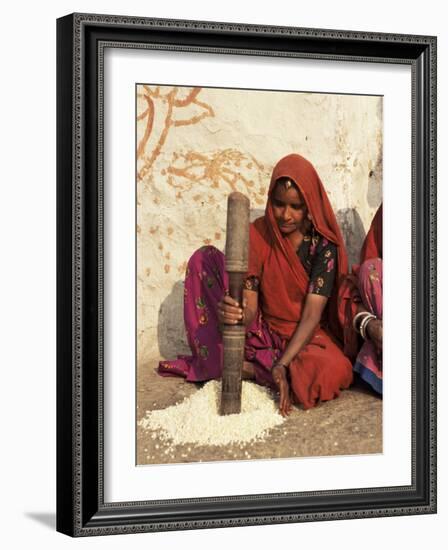 Woman Pounding Food in Village Near Deogarh, Rajasthan State, India-Robert Harding-Framed Photographic Print