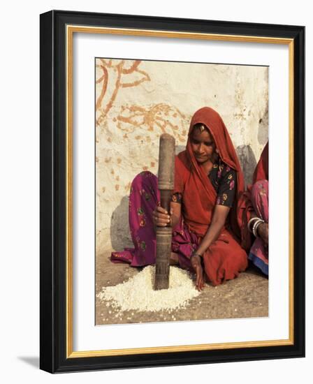 Woman Pounding Food in Village Near Deogarh, Rajasthan State, India-Robert Harding-Framed Photographic Print