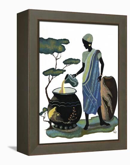 Woman Pouring in Blue-Judy Mastrangelo-Framed Premier Image Canvas