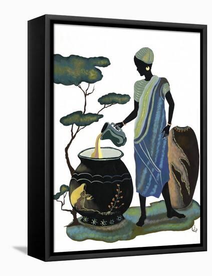 Woman Pouring in Blue-Judy Mastrangelo-Framed Premier Image Canvas