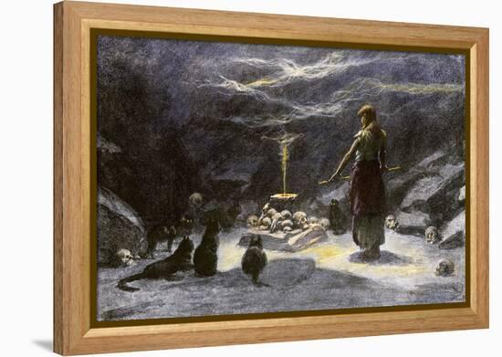 Woman Practicing Sorcery with Black Cats as Companions-null-Framed Premier Image Canvas