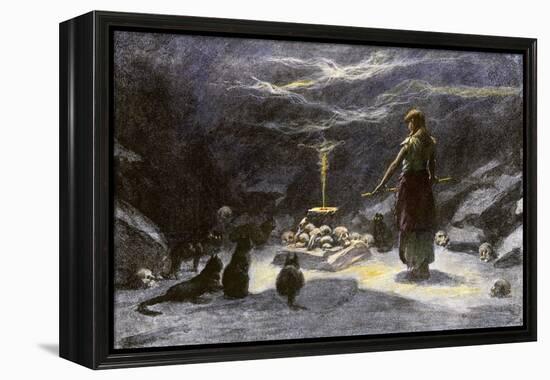 Woman Practicing Sorcery with Black Cats as Companions-null-Framed Premier Image Canvas