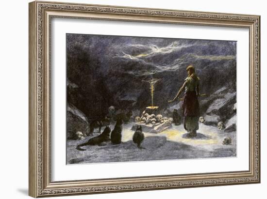 Woman Practicing Sorcery with Black Cats as Companions-null-Framed Giclee Print