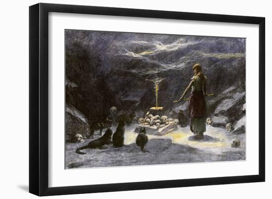 Woman Practicing Sorcery with Black Cats as Companions-null-Framed Giclee Print