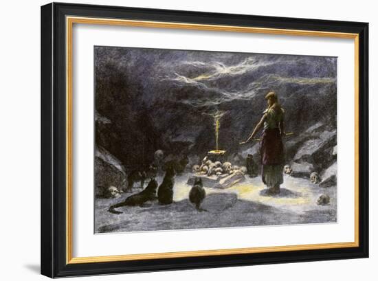 Woman Practicing Sorcery with Black Cats as Companions-null-Framed Giclee Print