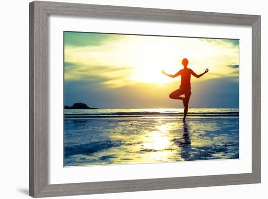 Woman Practicing Yoga On The Beach At Sunset-De Visu-Framed Premium Giclee Print