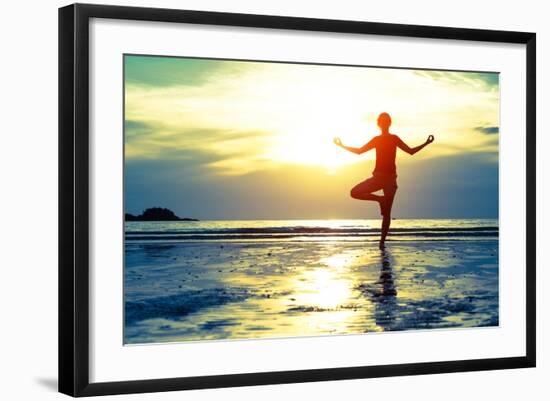 Woman Practicing Yoga On The Beach At Sunset-De Visu-Framed Premium Giclee Print