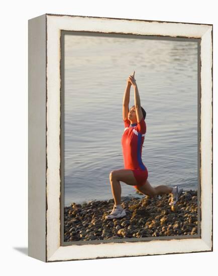 Woman Practicing Yoga on the Riverside, Bainbridge Island, Washington State, USA-null-Framed Premier Image Canvas