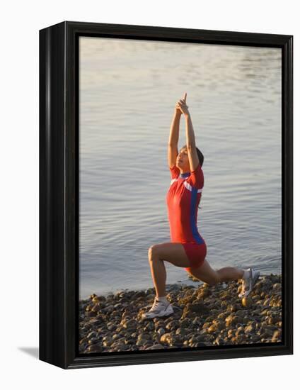 Woman Practicing Yoga on the Riverside, Bainbridge Island, Washington State, USA-null-Framed Premier Image Canvas