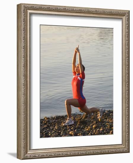 Woman Practicing Yoga on the Riverside, Bainbridge Island, Washington State, USA-null-Framed Photographic Print