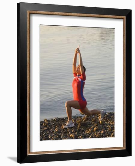 Woman Practicing Yoga on the Riverside, Bainbridge Island, Washington State, USA-null-Framed Photographic Print