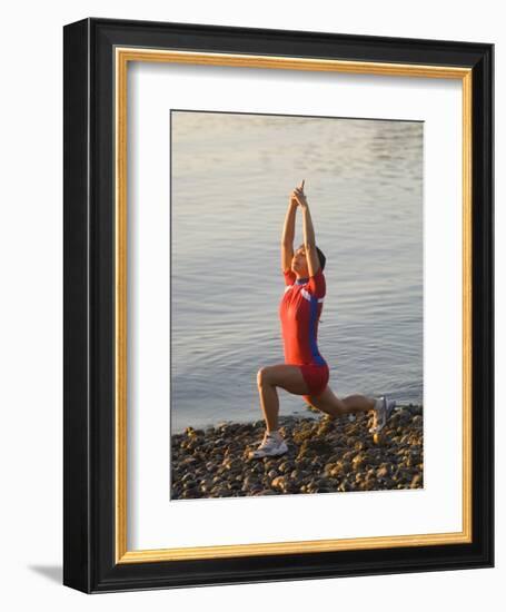 Woman Practicing Yoga on the Riverside, Bainbridge Island, Washington State, USA-null-Framed Photographic Print