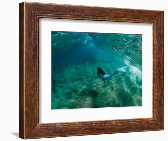 Woman Pretending to Be a Mermaid Swimming Underwater, Hawaii, USA-null-Framed Photographic Print