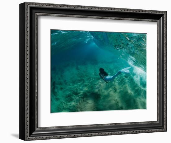 Woman Pretending to Be a Mermaid Swimming Underwater, Hawaii, USA-null-Framed Photographic Print