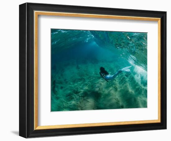 Woman Pretending to Be a Mermaid Swimming Underwater, Hawaii, USA-null-Framed Photographic Print