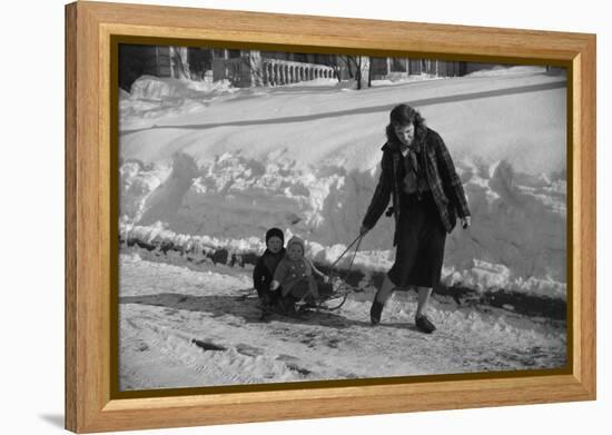 Woman Pulling Two Children on Sled in Winter, Vermont, 1940-Marion Post Wolcott-Framed Premier Image Canvas