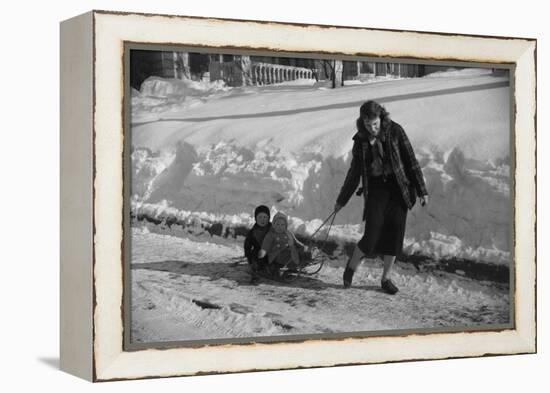 Woman Pulling Two Children on Sled in Winter, Vermont, 1940-Marion Post Wolcott-Framed Premier Image Canvas