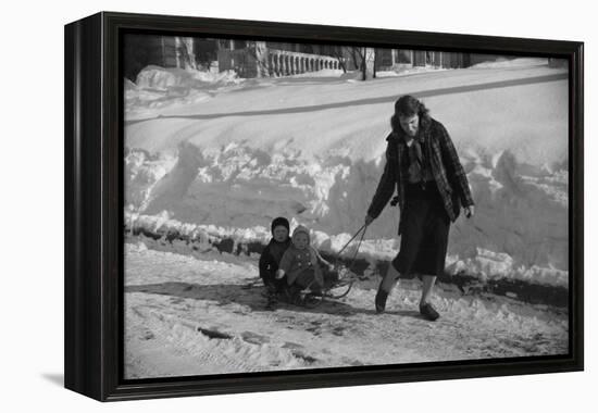 Woman Pulling Two Children on Sled in Winter, Vermont, 1940-Marion Post Wolcott-Framed Premier Image Canvas