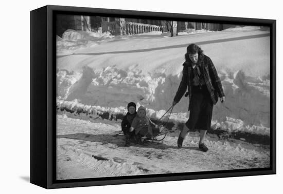 Woman Pulling Two Children on Sled in Winter, Vermont, 1940-Marion Post Wolcott-Framed Premier Image Canvas