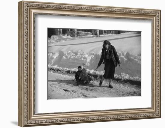 Woman Pulling Two Children on Sled in Winter, Vermont, 1940-Marion Post Wolcott-Framed Photographic Print