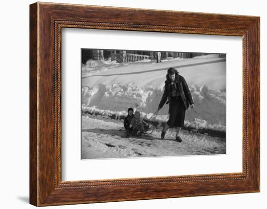 Woman Pulling Two Children on Sled in Winter, Vermont, 1940-Marion Post Wolcott-Framed Photographic Print