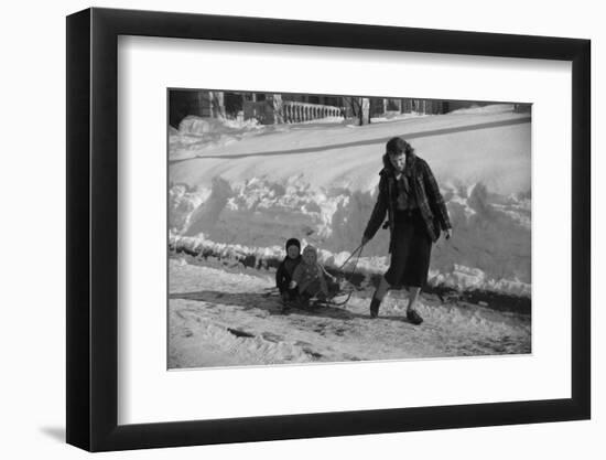 Woman Pulling Two Children on Sled in Winter, Vermont, 1940-Marion Post Wolcott-Framed Photographic Print