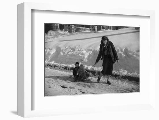 Woman Pulling Two Children on Sled in Winter, Vermont, 1940-Marion Post Wolcott-Framed Photographic Print