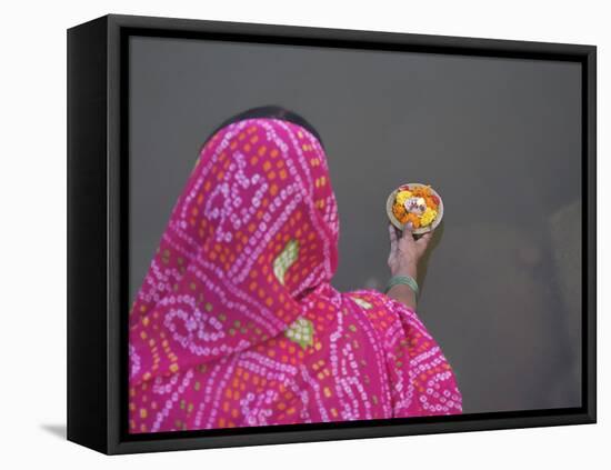 Woman Putting Flower Lamp onto the Ganges River, Varanasi, India-Keren Su-Framed Premier Image Canvas