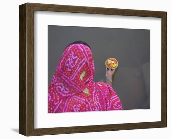 Woman Putting Flower Lamp onto the Ganges River, Varanasi, India-Keren Su-Framed Photographic Print