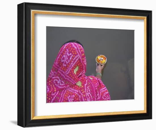 Woman Putting Flower Lamp onto the Ganges River, Varanasi, India-Keren Su-Framed Photographic Print