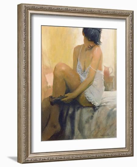 Woman Putting on her Stocking, 1978-James Brereton-Framed Giclee Print