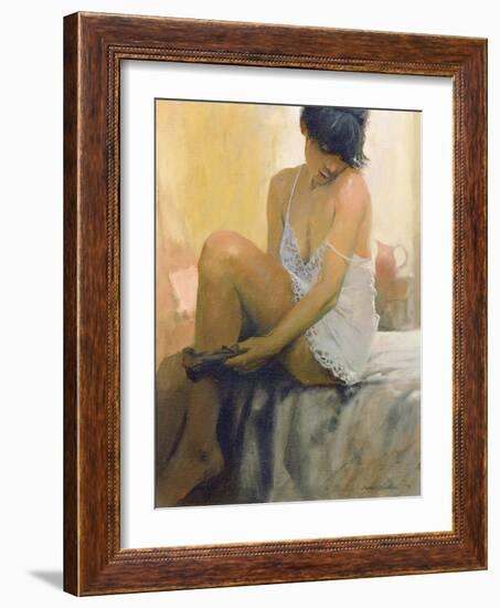 Woman Putting on her Stocking, 1978-James Brereton-Framed Giclee Print