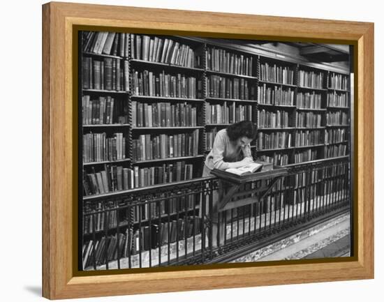 Woman Reading Book Among Shelves on Balcony in American History Room in New York Public Library-Alfred Eisenstaedt-Framed Premier Image Canvas