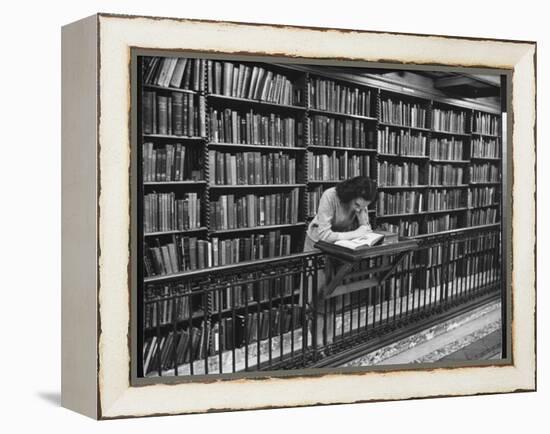 Woman Reading Book Among Shelves on Balcony in American History Room in New York Public Library-Alfred Eisenstaedt-Framed Premier Image Canvas