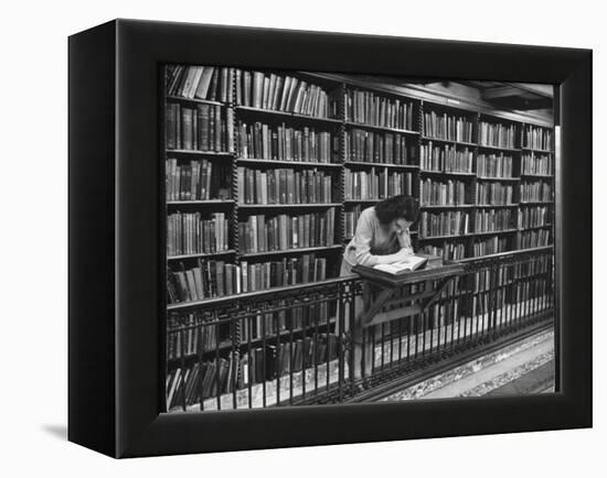 Woman Reading Book Among Shelves on Balcony in American History Room in New York Public Library-Alfred Eisenstaedt-Framed Premier Image Canvas