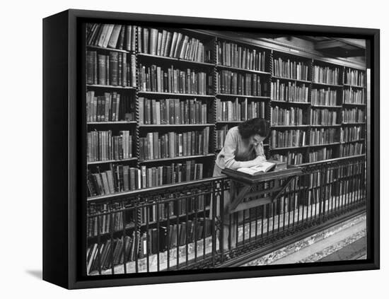 Woman Reading Book Among Shelves on Balcony in American History Room in New York Public Library-Alfred Eisenstaedt-Framed Premier Image Canvas