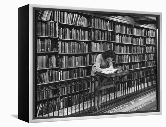 Woman Reading Book Among Shelves on Balcony in American History Room in New York Public Library-Alfred Eisenstaedt-Framed Premier Image Canvas