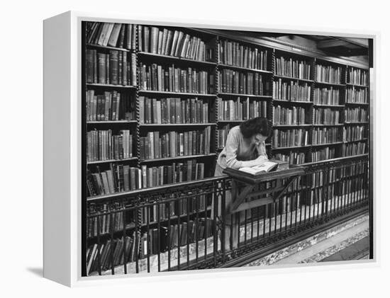 Woman Reading Book Among Shelves on Balcony in American History Room in New York Public Library-Alfred Eisenstaedt-Framed Premier Image Canvas